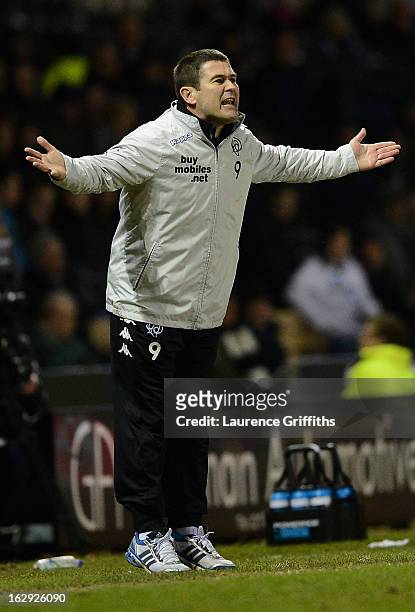Nigel Clough of Derby Countygives instructions during the npower Championship match between Derby County and Crystal Palace at Pride Park Stadium on...