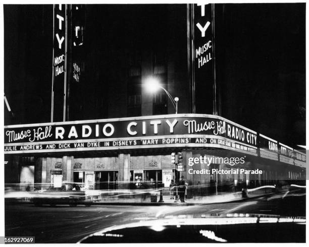 Night view of Radio City Music Hall in New York City, New York, 1955.