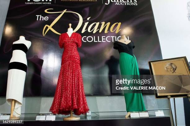 Dresses belonging to Princess Diana are displayed during the media preview for Julien's "Legends: Hollywood and Royalty" auction and exhibition, in...