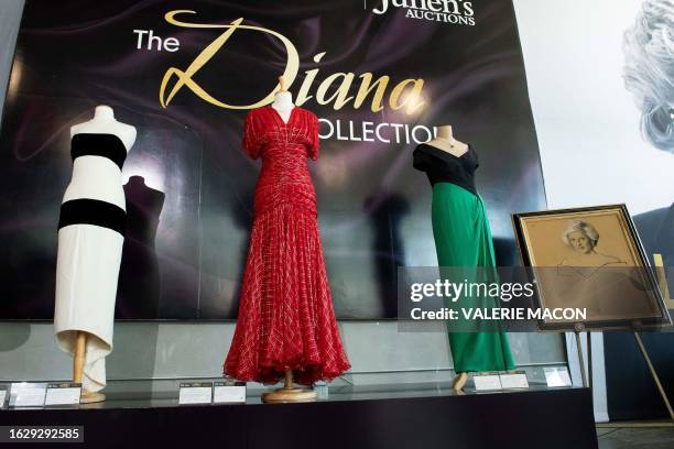 Dresses belonging to Princess Diana are displayed during the media preview for Julien's "Legends: Hollywood and Royalty" auction and exhibition, in...