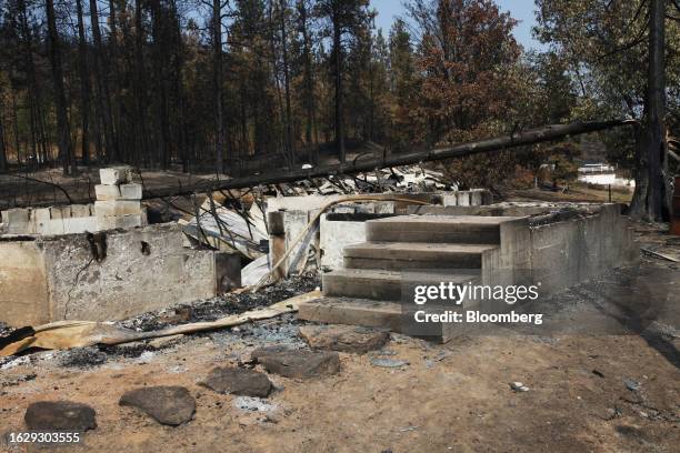 Burned structure during the McDougall Creek wildfire in Kelowna, British Columbia, Canada, on Sunday, Aug. 27, 2023. British Columbia is experiencing...