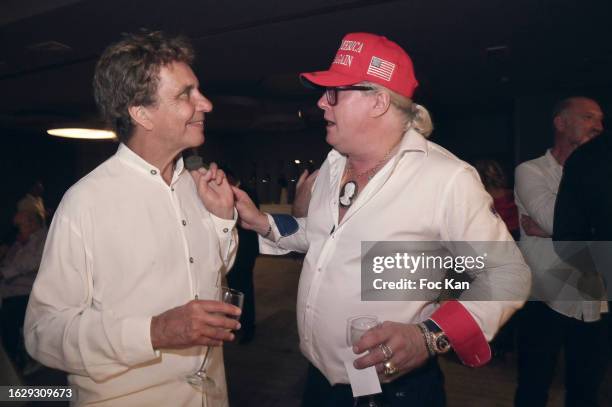 Basile de Koch and Pierre Jean Chalençon attend Massimo Gargia and Thierry Schneider’s Birthday Party at Hotel De Paris on August 20, 2023 in Saint...