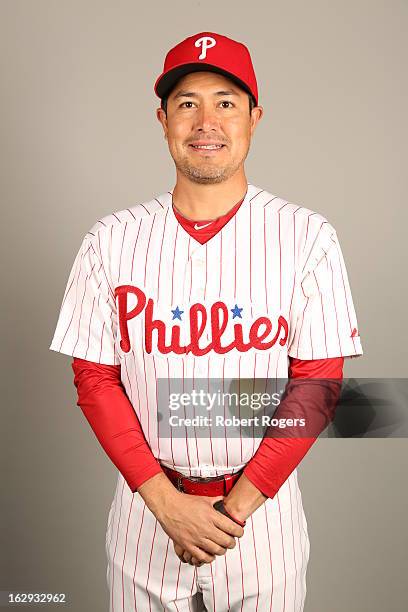 Rodrigo Lopez of the Philadelphia Phillies poses during Photo Day on Monday, February 18, 2013 at Bright House Field in Clearwater, Florida.