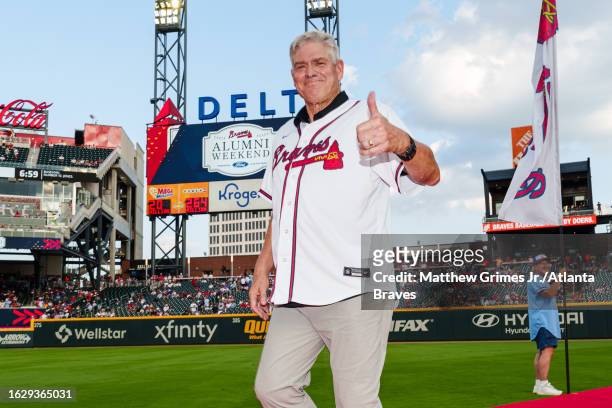 Dale Murphy during the alumni weekend red carpet roll call before the game against the San Francisco Giants at Truist Park on August 18, 2023 in...