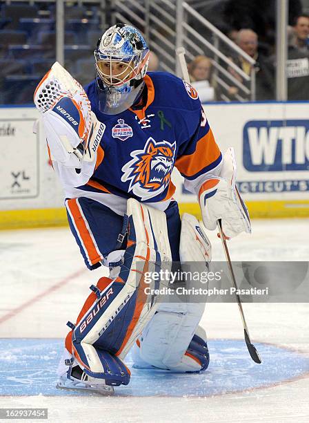 Rick DiPietro of the Bridgeport Sound Tigers makes a save prior to the game against the Connecticut Whale on March 1, 2013 at the XL Center in...