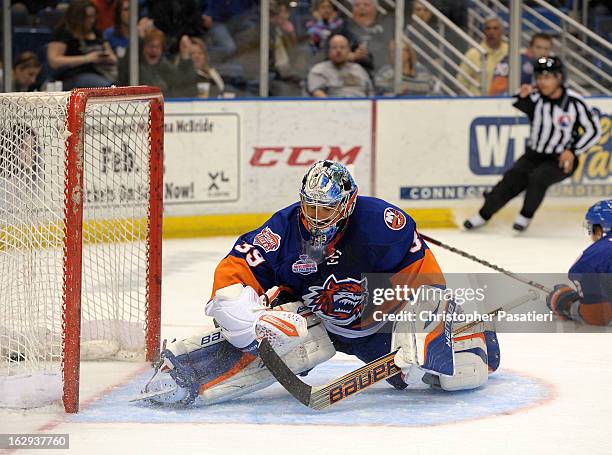 Rick DiPietro of the Bridgeport Sound Tigers reacts after allowing one of five goals during the first period of an American Hockey League game...