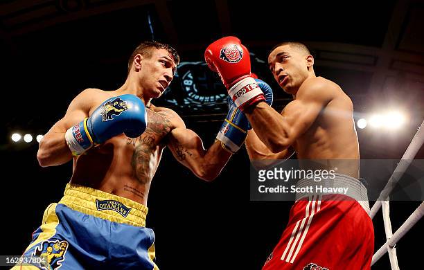 Sam Maxwell of the British Lionhearts in action with Vasyl Lomachenko of the Ukraine Otamans during the World Series of Boxing between the British...