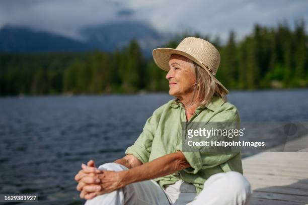 portrait of beautiful senior woman sitting on the deck. - rheuma stock-fotos und bilder