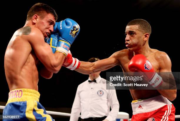 Sam Maxwell of the British Lionhearts in action with Vasyl Lomachenko of the Ukraine Otamans during the World Series of Boxing between the British...