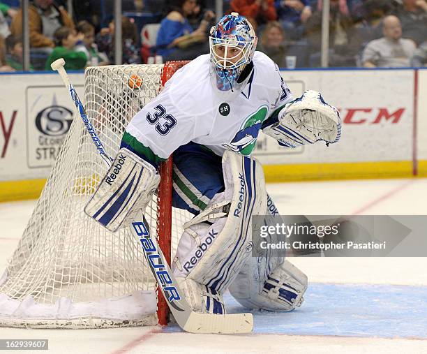 Cameron Talbot of the Connecticut Whale looks on as he tends goal during an American Hockey League game against the Bridgeport Sound Tigers on March...