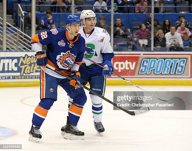 Nino Niederreiter of the Bridgeport Sound Tigers battles for position against Sam Klassen of the Connecticut Whale during an American Hockey League...