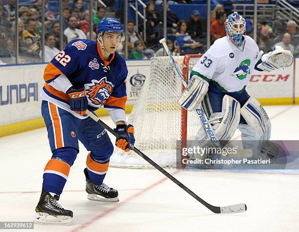 Nino Niederreiter of the Bridgeport Sound Tigers looks for a pass in front of Cameron Talbot of the Connecticut Whale during an American Hockey...