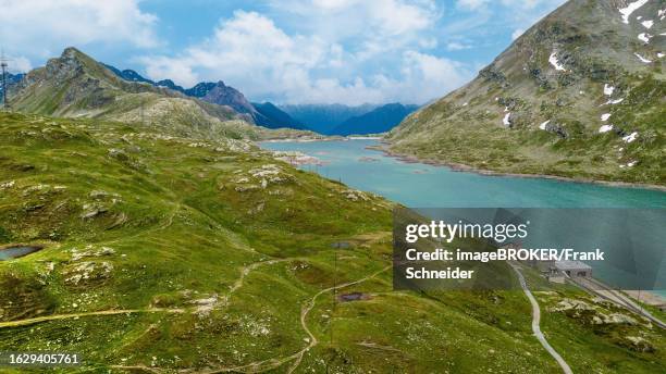 Aerial view Bird's eye view of mountain lake at mountain pass Alpine pass alpine mountain road Alpine road pass road Bernina Pass Bernina Pass, lower right station of Bernina Express, Swiss Alps, Canton Grisons, Switzerland