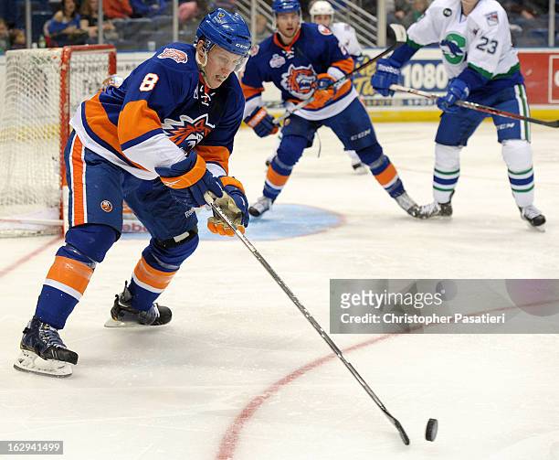 Nathan McIver of the Bridgeport Sound Tigers clears the puck during an American Hockey League game against the Connecticut Whale on March 1, 2013 at...