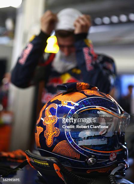 Casey Stoner driver of the Red Bull Pirtek Holden prepares for race two for round one of the V8 Supercars Dunlop Development Series at the Adelaide...
