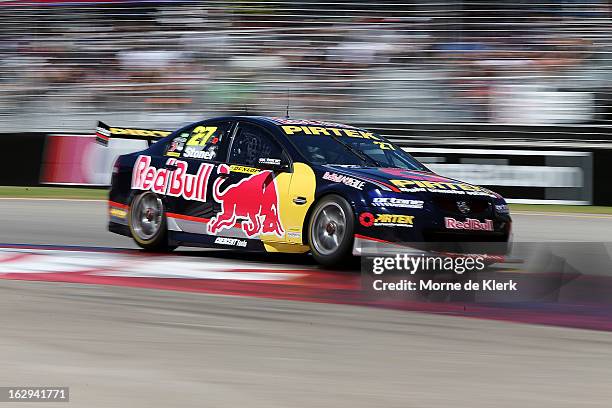 Casey Stoner drives the Red Bull Pirtek Holden during race two of the V8 Supercars Dunlop Development Series at the Adelaide Street Circuit on March...