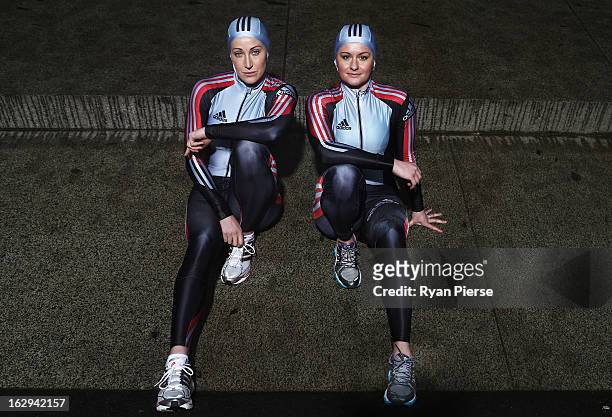 Jana Pittman and Astrid Radjenovic pose during a Australian Women's Bobsleigh Team Portrait Session on March 2, 2013 in Sydney, Australia. Pittman, a...
