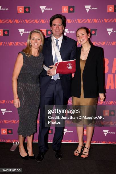 Gillon McLachlan is pictured with his wife Laura and daughter Sidney during the 2023 NAB AFLW Season Launch at Forum Melbourne on August 21, 2023 in...