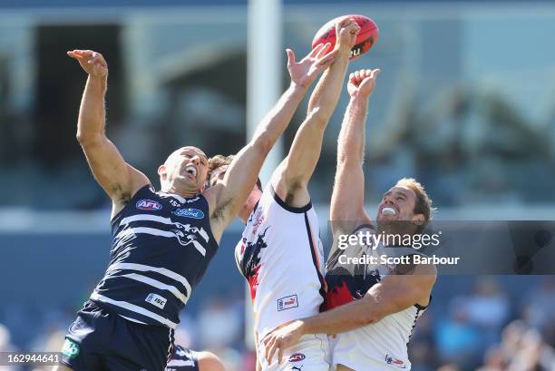 James Podsiadly of the Cats competes for the ball during the round two AFL NAB Cup match between the Geelong Cats and the Adelaide Crows at Simonds...