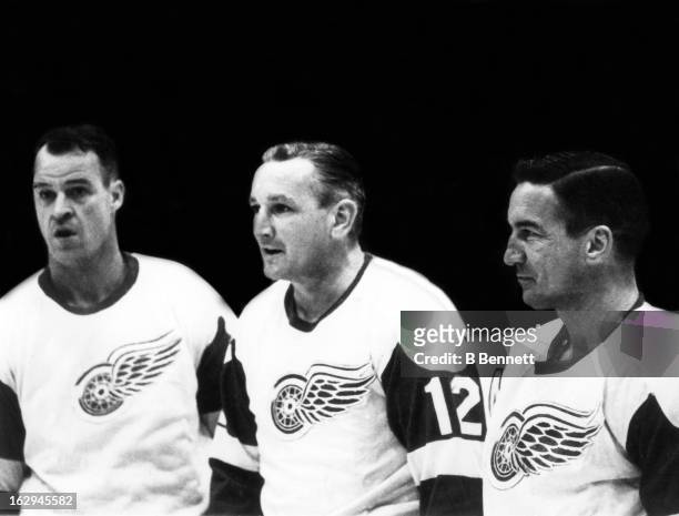 Gordie Howe, Sid Abel and Ted Lindsay of the Detroit Red Wings pose for a portrait on January 15, 1964 in Detroit, Michigan. The threesome were known...