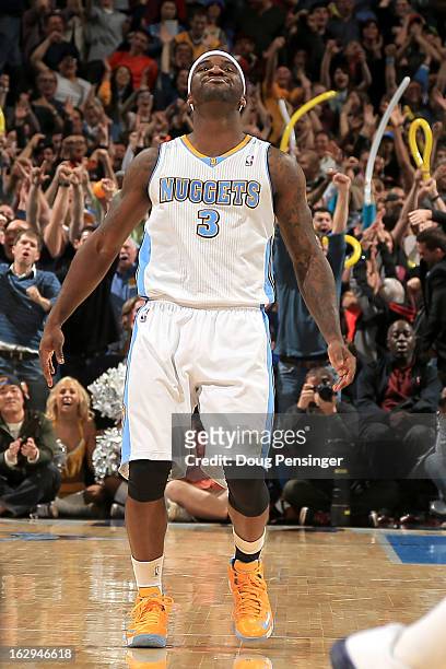Ty Lawson of the Denver Nuggets celebrates after hitting the game winning shot against the Oklahoma City Thunder in the finals seconds at the Pepsi...