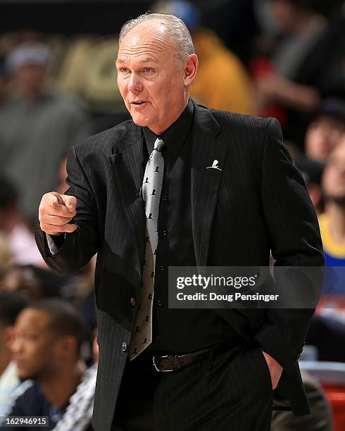 Head coach George Karl of the Denver Nuggets leads his team against the Oklahoma City Thunderat the Pepsi Center on March 1, 2013 in Denver,...