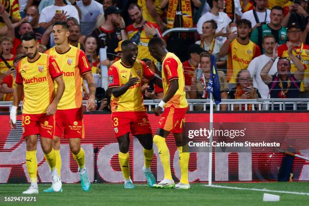 Deiver Machado of RC Lens celebrates his goal with Salis Abdul Samed of RC Lens during the Ligue 1 Uber Eats match between RC Lens and Stade Rennais...