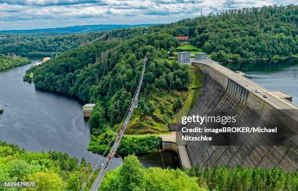 483-metre-long titan rt suspension rope bridge over the rappbode dam, near elbingerode, harz mountains, saxony-anhalt, germany - reservoir stock-fotos und bilder