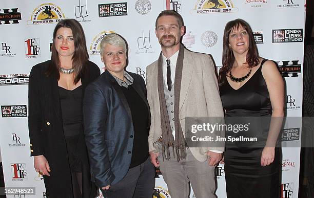 Actress Lily Hall co-writer Sophie O'Connor, actor Kevin Dee and writer Kat Holmes from the movie "Submerge" attend the opening night party for the...