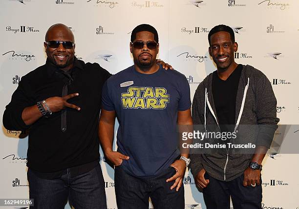 Wanya Morris, Nate Morris and Shawn Stockman arrive at the opening of their new residency at The Mirage Hotel & Casino on March 1, 2013 in Las Vegas,...
