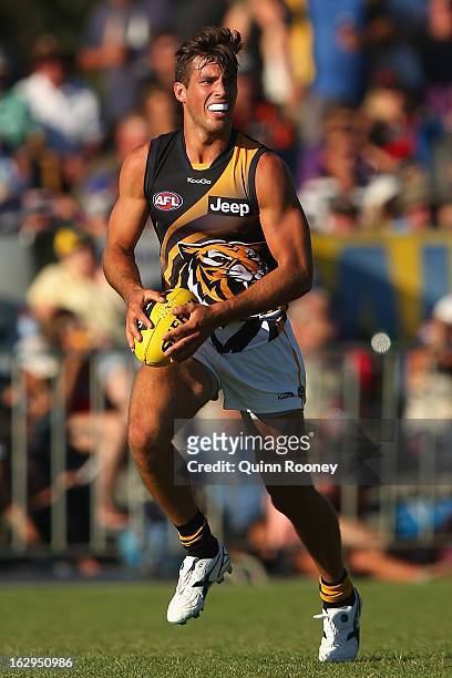 Alex Rance of the Tigers looks to pass the ball during the round two AFL NAB Cup match between the Essendon Bombers and the Richmond Tigers at...