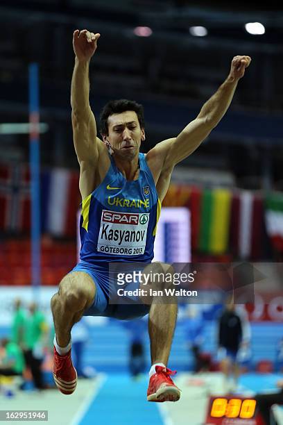 Oleksiy Kasyanov of Ukraine competes in the Men's Long Jump qualification during day two of the European Athletics Indoor Championships at...