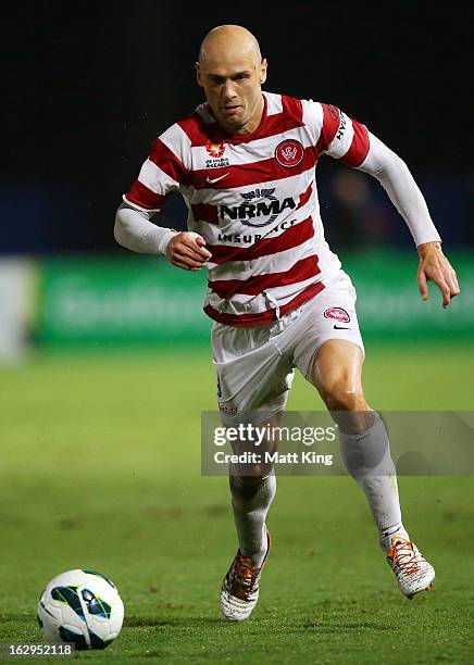 Dino Kresinger of the Wanderers controls the ball during the round 23 A-League match between the Central Coast Mariners and the Western Sydney...