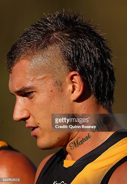 Dustin Martin of the Tigers looks on during the round two AFL NAB Cup match between the Essendon Bombers and the Richmond Tigers at Wangaratta...