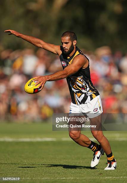 Bachar Houli of the Tigers kicks during the round two AFL NAB Cup match between the Essendon Bombers and the Richmond Tigers at Wangaratta...