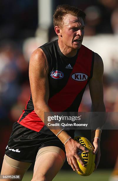 Brendon Goddard of the Bombers kicks during the round two AFL NAB Cup match between the Essendon Bombers and the Richmond Tigers at Wangaratta...