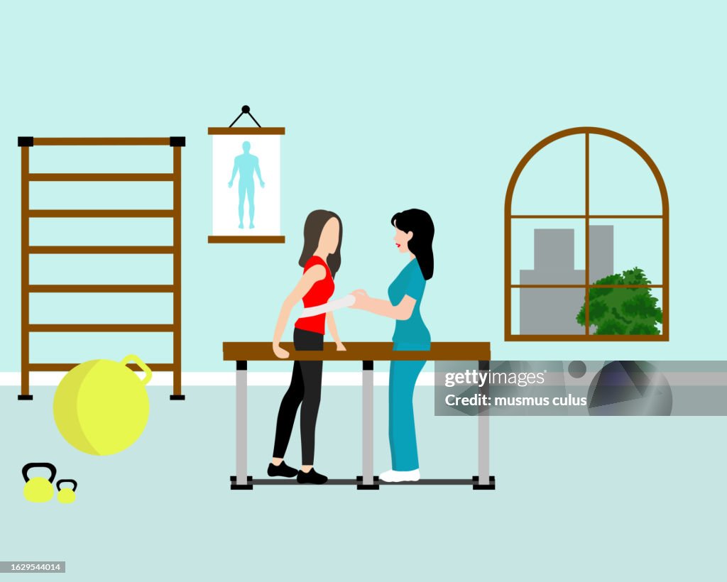 Female physiotherapist helping stroke victim in rehabilitation center