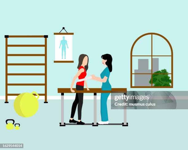 female physiotherapist helping stroke victim in rehabilitation center - orthopedic doctor stock illustrations