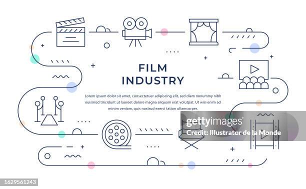 illustrazioni stock, clip art, cartoni animati e icone di tendenza di banner web per l'industria cinematografica con icone di linea - musica di produzione