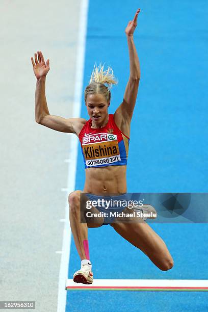 Daria Klishina of Russia competes in the Women's Long Jump Final during day two of the European Athletics Indoor Championships at Scandinavium on...