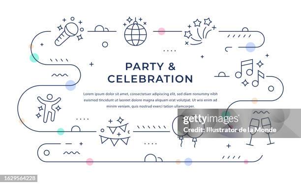 party and celebration web banner design with line icons - birthday template picture stock illustrations
