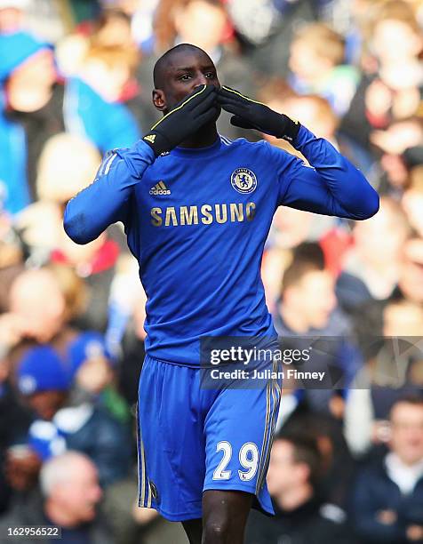 Demba Ba of Chelsea celebrates the opening goal during the Barclays Premier League match between Chelsea and West Bromwich Albion at Stamford Bridge...