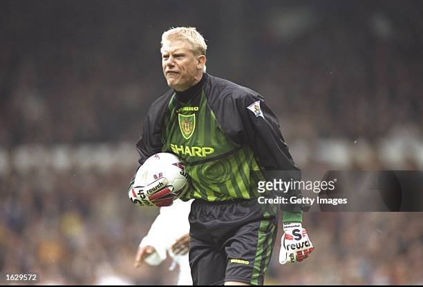 Manchester United goalkeeper Peter Schmeichel shouts to his team mates during an FA Carling Premiership match against Leeds United at Elland Road in...