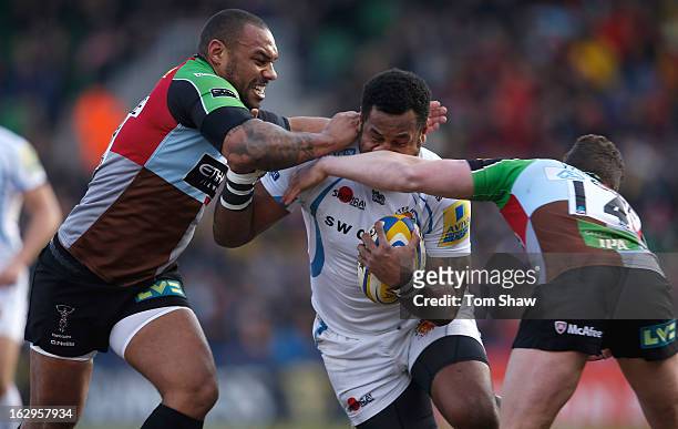 Sireli Naqelevuki of Exeter is tackled by Jordan Turner-Hall of Quins during the Aviva Premiership match berween Harlequins and Exeter Chiefs at...