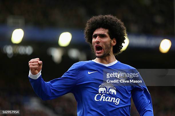 Marouane Fellaini of Everton celebrates his goal during the Barclays Premier League match between Everton and Reading at Goodison Park on March 2,...