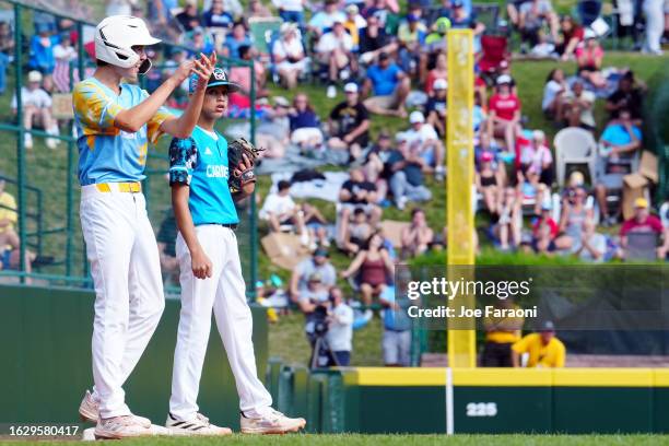 Louis Lappe of the West Region team from El Segundo, California reacts during the Little League World Series Championship Game against the Caribbean...