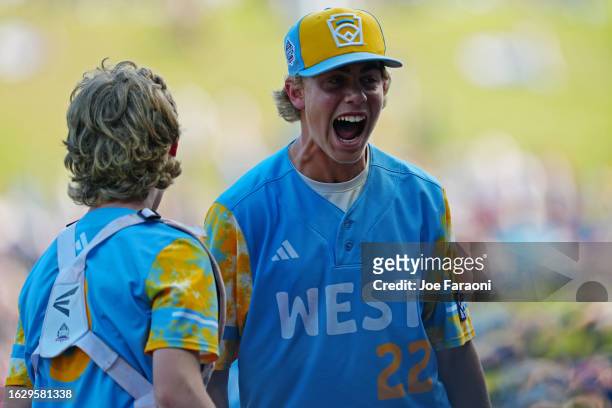 Jaxon Kalish of the West Region team from El Segundo, California reacts during the Little League World Series Championship Game against the Caribbean...