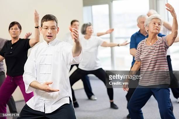 les retraités faire des exercices de tai-chi - taijiquan photos et images de collection