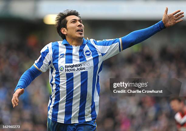 Leonardo Ulloa of Brighton & Hove Albion celebrates after he scores his second goal of the game during the npower Championship match between Brighton...