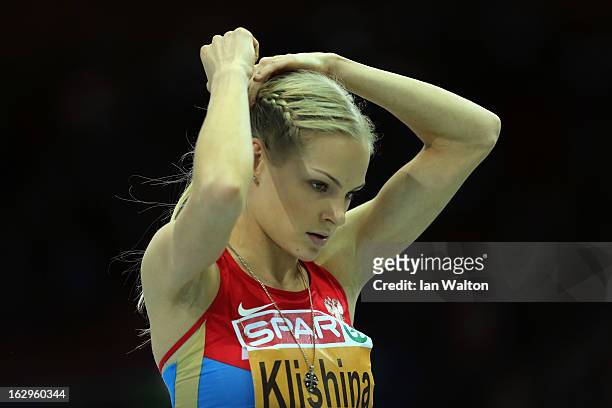 Daria Klishina of Russia competes in the Women's Long Jump Final during day two of the European Athletics Indoor Championships at Scandinavium on...